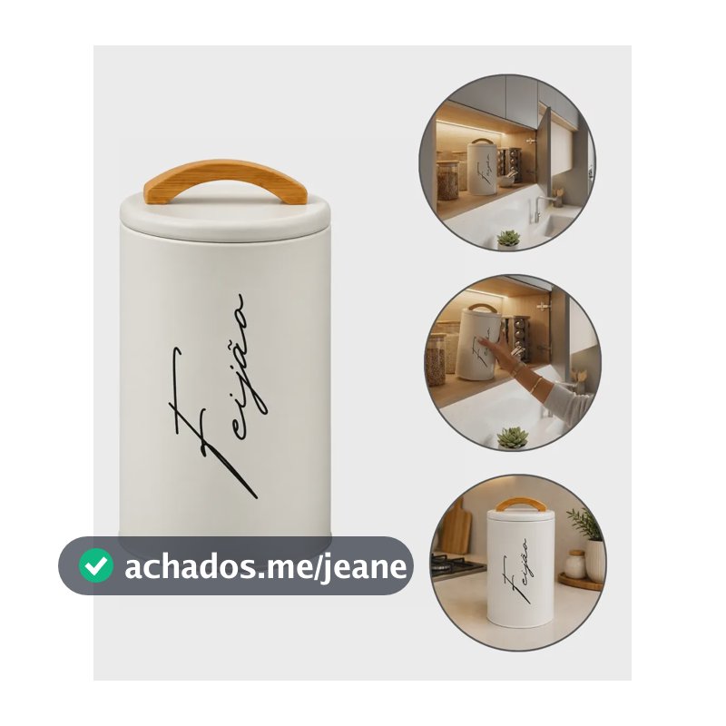 Pote Hermético Para Feijão Mantimentos Metal Alça Bambu 1kg Creme