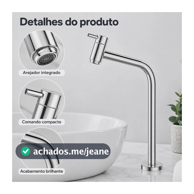 Torneira de Bancada para Cuba de Apoio Inox Cromada Bica Alta Água Fria