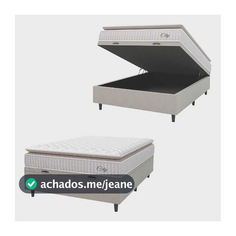 Cama Box Baú Colchão Casal Molas Ensacadas City Pillow Top 138x188x64cm Branco e Bege Hellen