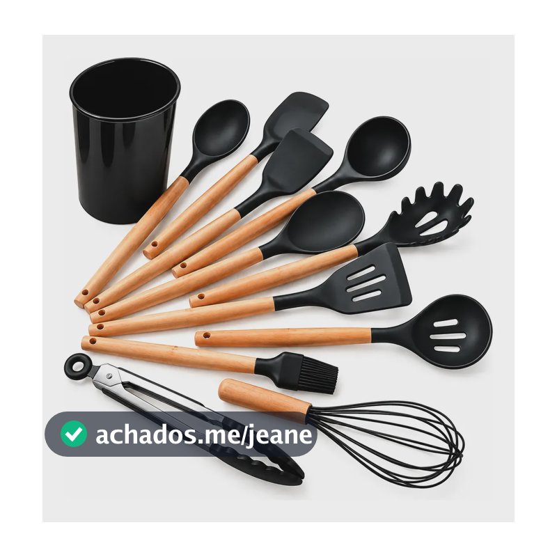 Kit 12 Utensílios De Cozinha Em Silicone E Cabo De Madeira Preto