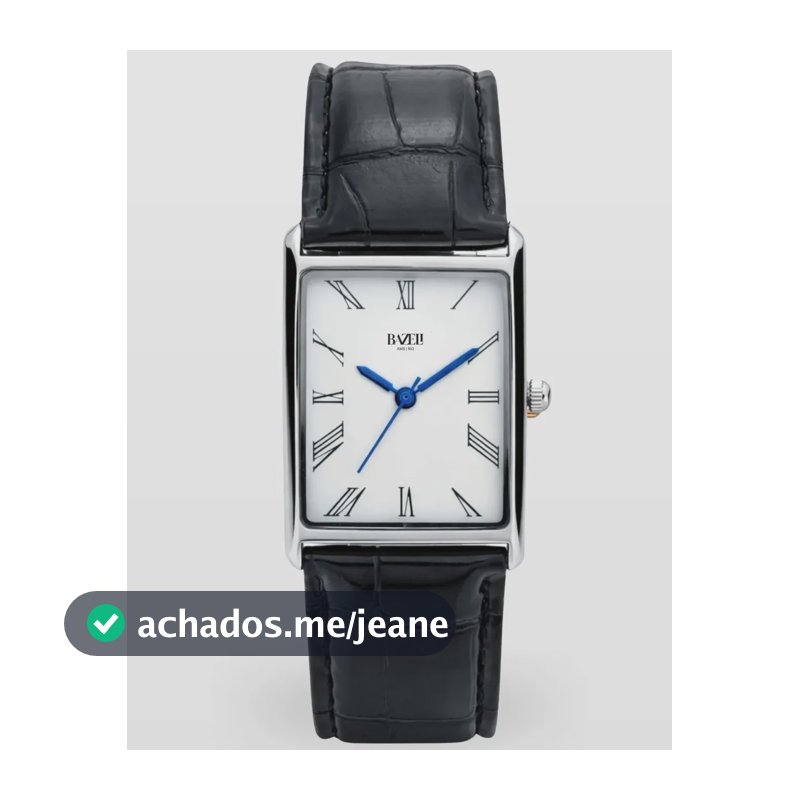 Relógio Masculino Quadrado Prata Couro Croco Preto Preto Prata Branco