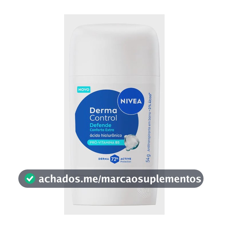 NIVEA Desodorante Antitranspirante Stick Derma Control Defende 54g, BBB 26, Proteção 72h, Previne Irritações, Ácido Hialurônico, Conforto Extra