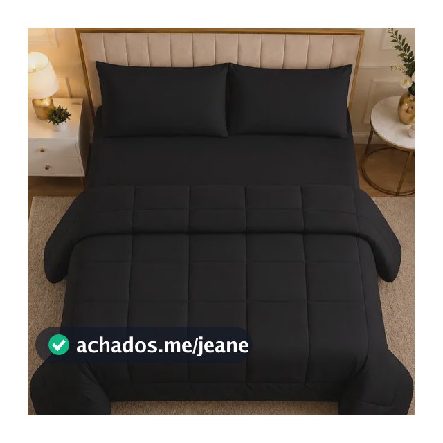 Kit Edredom Casal + Jogo Lençol 3 Peças Micropercal 400 Fios Preto Liso