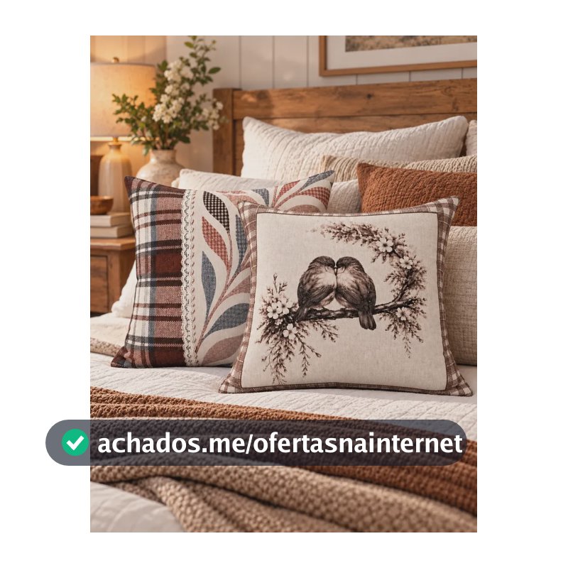 Kit 2 Capa Almofada Linho Estampa Farmhouse Luxo Bege Pássaro E Folhagem