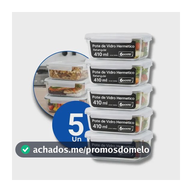 Kit 5 Potes De Vidro Hermetíco 410ml Marmita Forno Retangular Com 4 Travas Gostei!