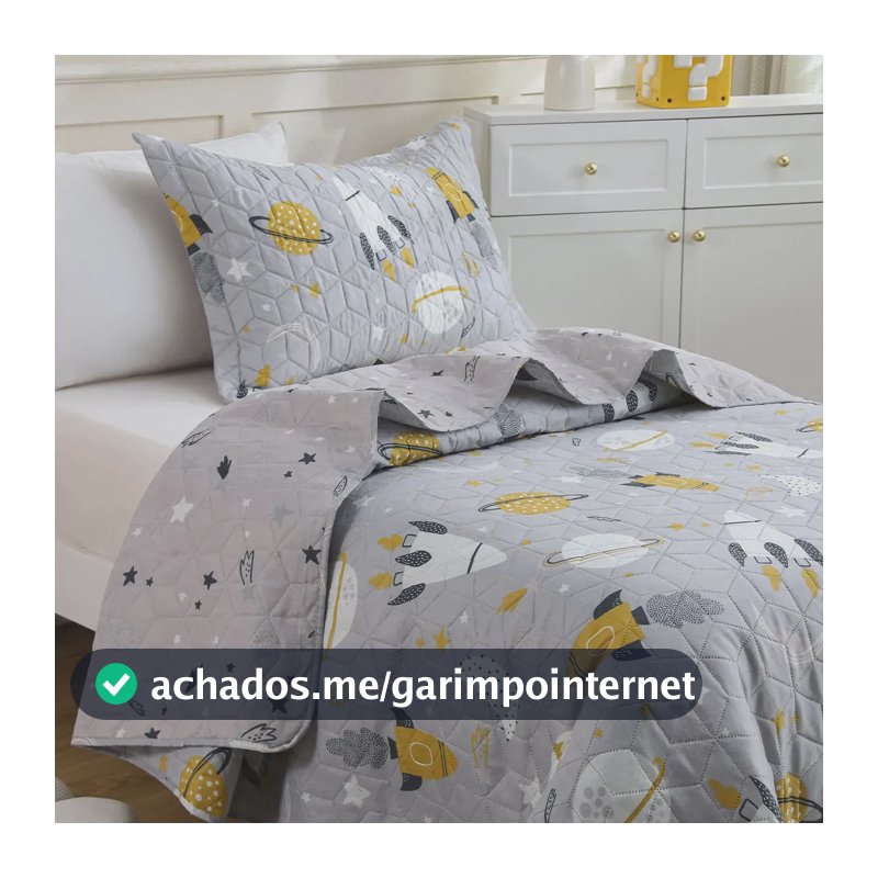 Kit Cobre Leito Colcha Solteiro Infantil 2 Peças Boutis Dupla Face Porta Travesseiro Aba Americana Espaço Cinza