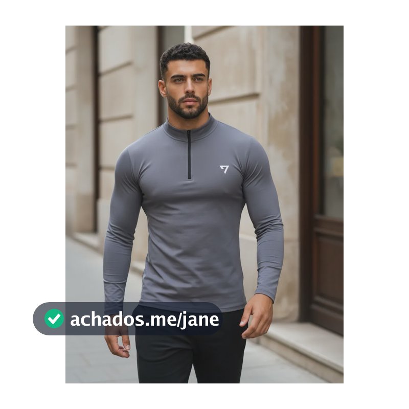 Camisa Térmica Masculina Segunda Pele Manga Longa Com Zíper Cinza Gg
