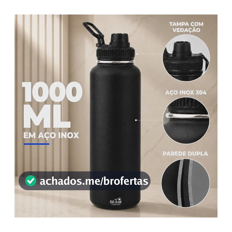 1000ml Garrafa Térmica Isolada A Vácuo Squeeze Aço Inox 304 para Água Gelada Esporte Academia com Alça e Bico Preto Sólar