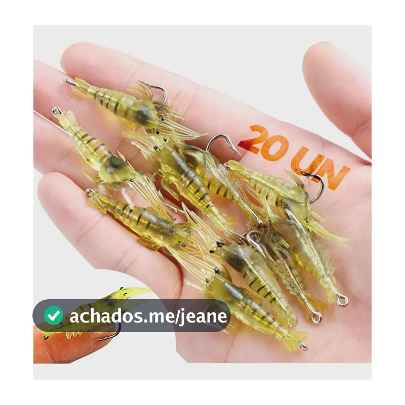 Kit 20 Isca Camarão Artificial Silicone Soft Com Anzol Pesca Amarelo