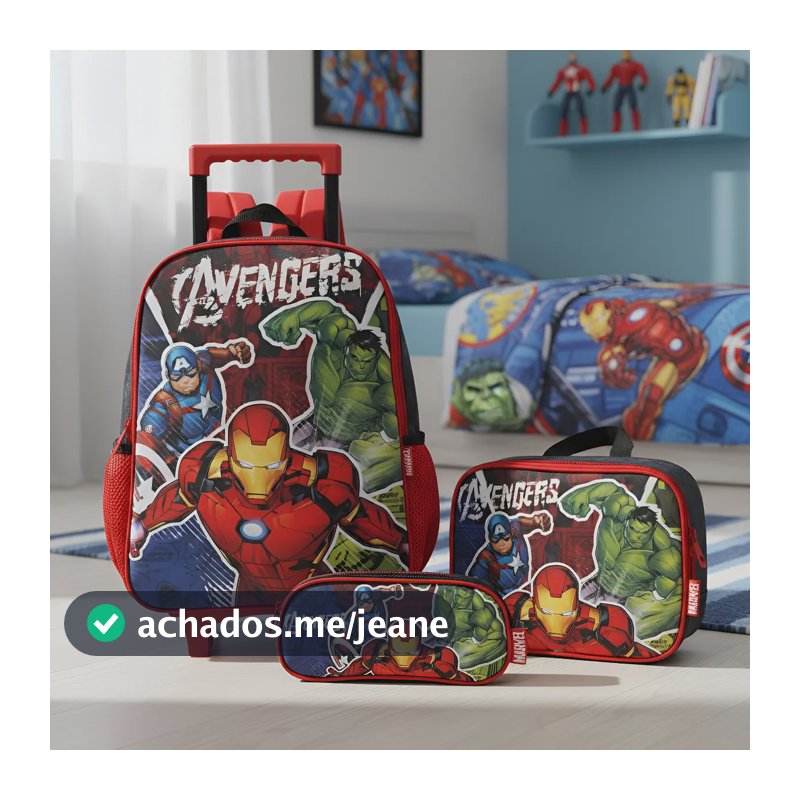 Mochila C/ Rodas Estojo E Lancheira Avengers Preto - Exc Desenho do tecido Liso