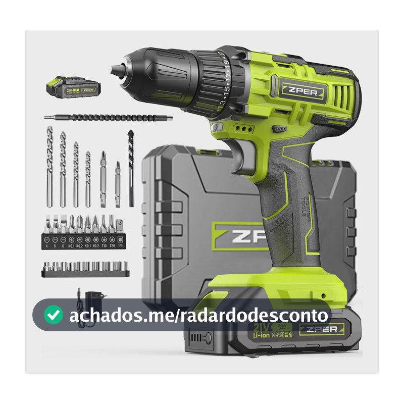 Furadeira Parafusadeira ZPER 21V Sem Fio 35Nm 2 Baterias 2000mAh com Impacto