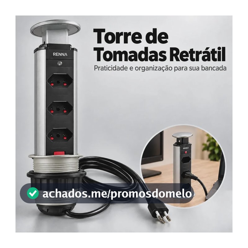 Torre De Tomada Para Bancada Embutir Retrátil Com 3 Tomadas 16A Cor Cinza