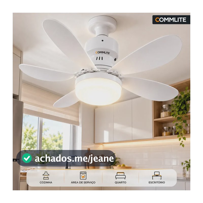 Ventilador de Teto Lâmpada LED 80W Com Controle Remoto 5 Hélices Luz Ajustável Branco Soquete E27 Para Quarto Sala Cozinha Escritório Ventilador Luminária De Teto Compacto Branco Commlite