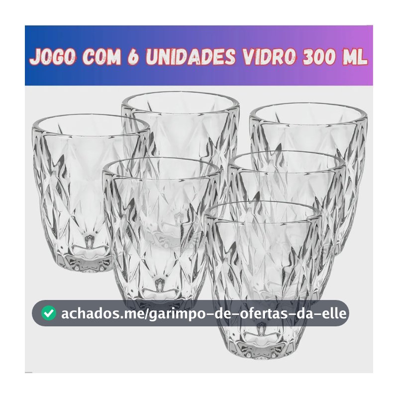 Jogo 6 Copos Vidro Diamante Grosso Resistente Agua 300ml Branco Ms Variedades