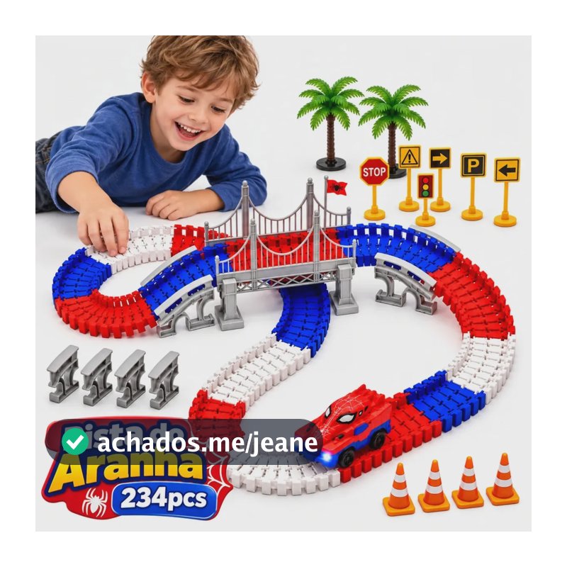 Pista de Carrinho Flexível Aranha 234 Peças Com Luz, Ponte Suspensa, Rampas, Placas E Acessórios Para Montar Diferentes Circuitos Lançador