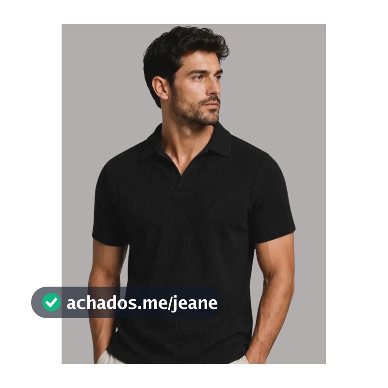 Camisa Polo Masculina Waffle Sem Botão Casual Premium Preto Liso M