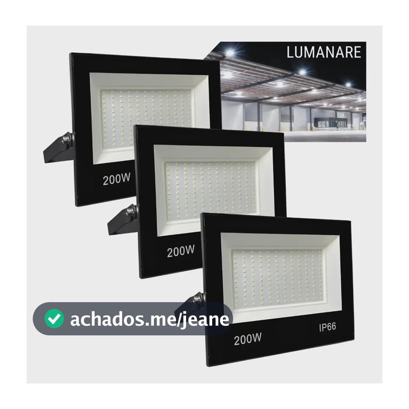 Kit Com 3 Refletor Led Holofote 200w Luz Branco-frio 6500k Resistente A Chuva Econômico Fácil De Instalar Carcaça Preta Ip66 Jardim Fachada Quintal