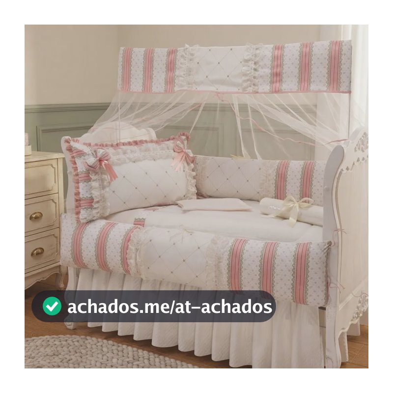 Kit Berço Americano Menina 9 Peças Protetor De Berço Salmão Listrado Salmão