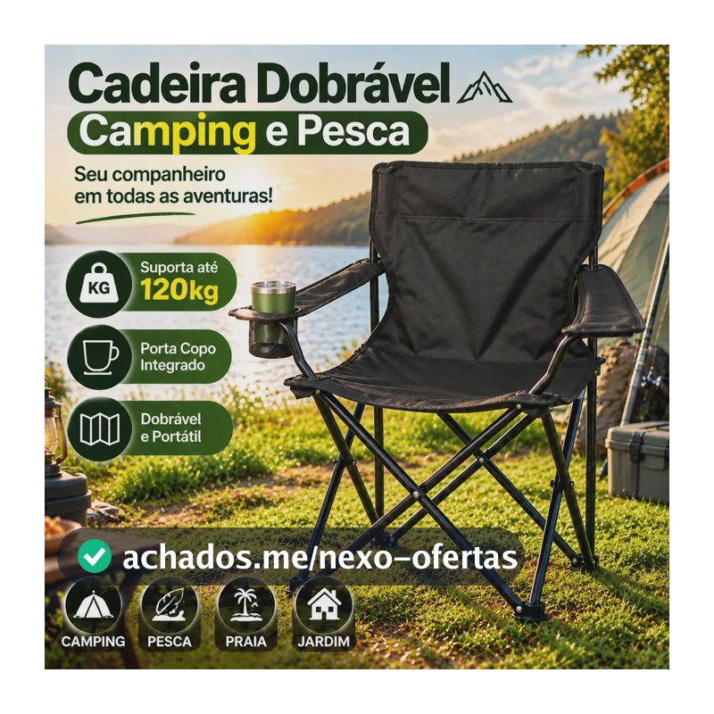 Cadeira Dobrável Camping Pesca com Porta Copo Bolsa Portátil Resistente até 120kg para Praia Jardim e Lazer