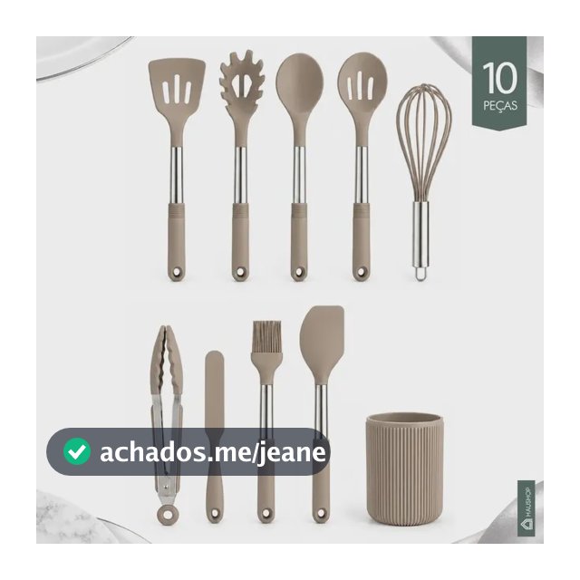 Kit Utensílios 10 Peças Cozinha Silicone Cabo Inox Tamanho Grande Jogo Completo Premium de Colheres Espatúlas Pegador Conjunto Funcional Com Suporte Resistente Não Enferruja Haushop Cor Cinza