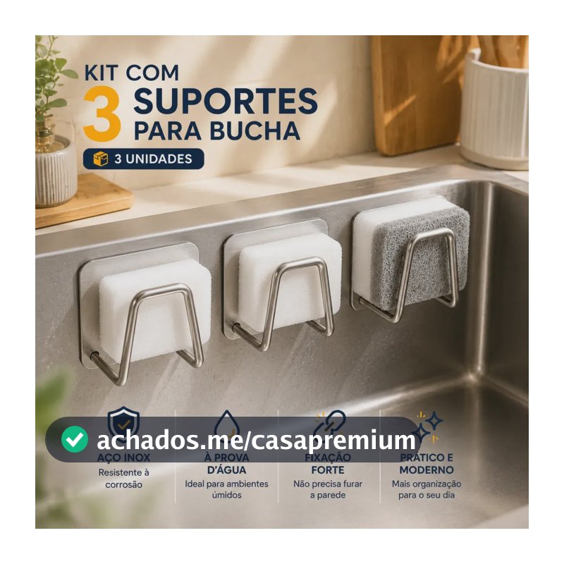 Kit 3 Suporte Porta Bucha Esponja Para Pia Cozinha Organizador Com Gancho Aço Inox Prata