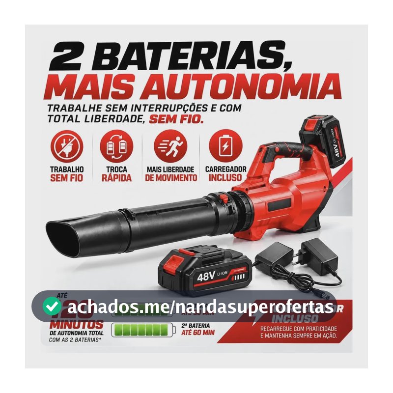Soprador Potente 330km/h Leve Elétrico Brushless Jardim Cas Vermelho 48v