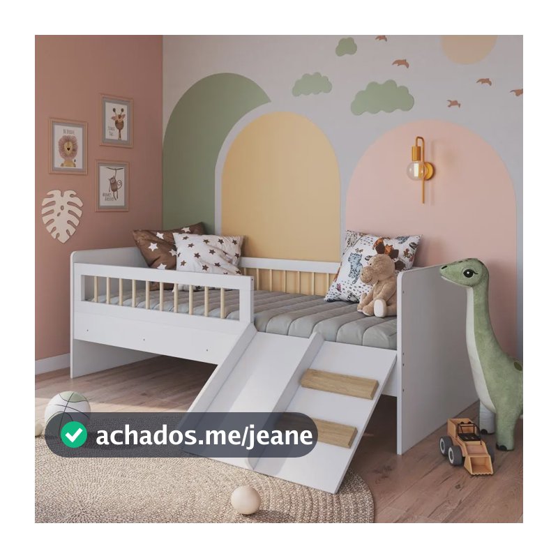 Cama Infantil Montessoriana de Solteiro Menino Menina 193cm com Escada, Escorregador e Grade de Proteção Branco