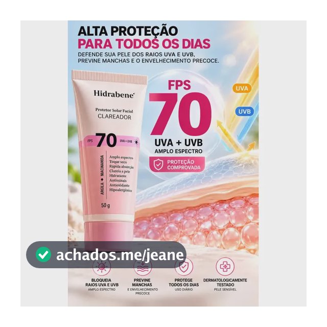 Hidrabene Protetor facial Solar FPS 70 Toque Seco Antissinais Clareia a pele 50g