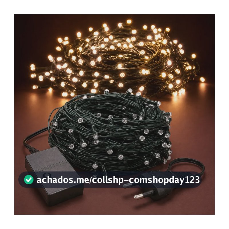 Cordão 200 Leds Pisca 20 Metros 8 Funções V8 Natal Fio Verde Branco Quente 220v