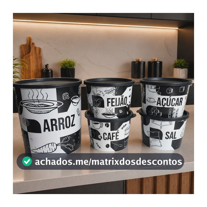 Jogo Porta Mantimento 5 Peças Com Tampa ( Pote Arroz 4,5kg) Preto