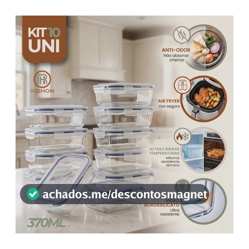 Kit 10 Pote De Vidro Marmita Hermético 370ml Freezer Fitness Rishon