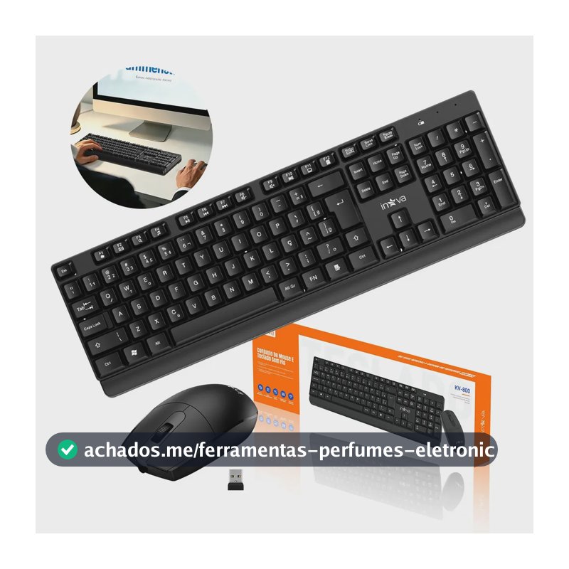 Teclado e Mouse Sem Fio Inova layout ABNT2 107 Teclas 2.4g de Usb silencioso combo e mouse para PC e Notebook Windows mac Plug and play com teclado numérico Trabalho Estudos Home Office Preto