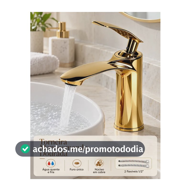Torneira Banheiro Monocomando Dourada Misturador de Bancada com Água Quente e Fria Cuba Lavatório Bica Baixa Acabamento Brilhante