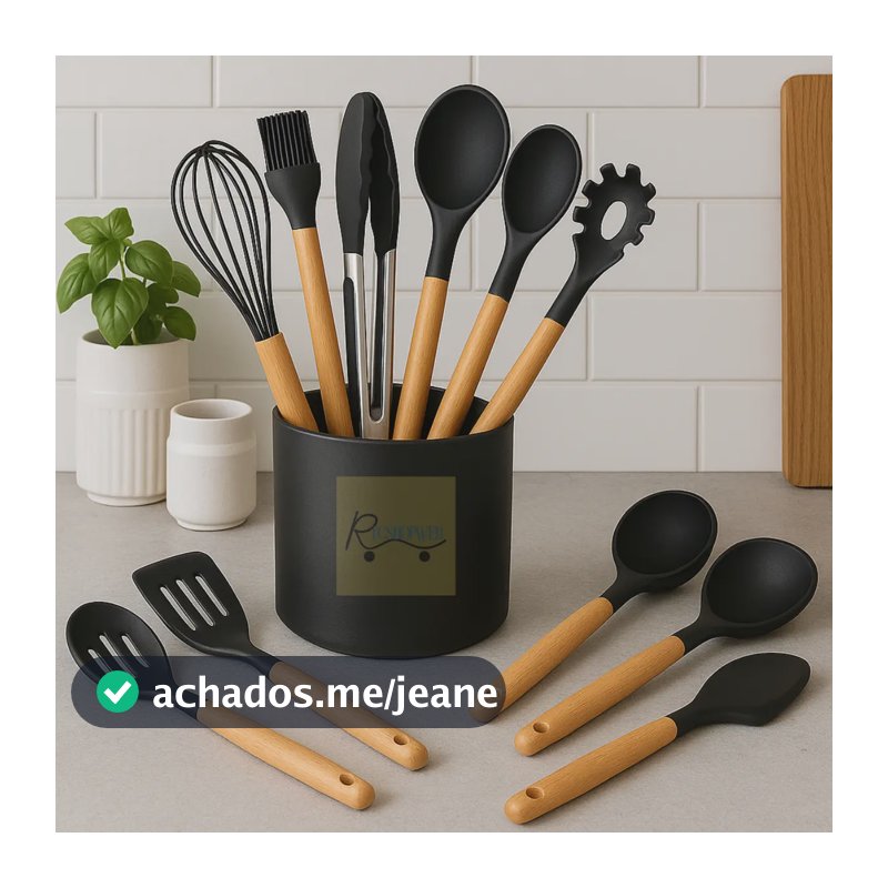 Kit Jogo 12 Peças Utensílios Cozinha Silicone Cabo Madeira