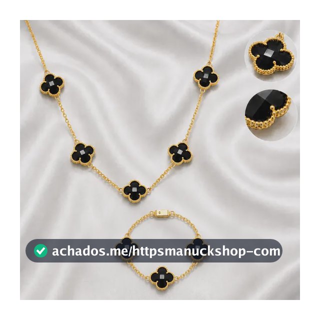 Kit Cordão +pulseira Trevo Van Cleef Preto 100% Moeda Antiga Dourado