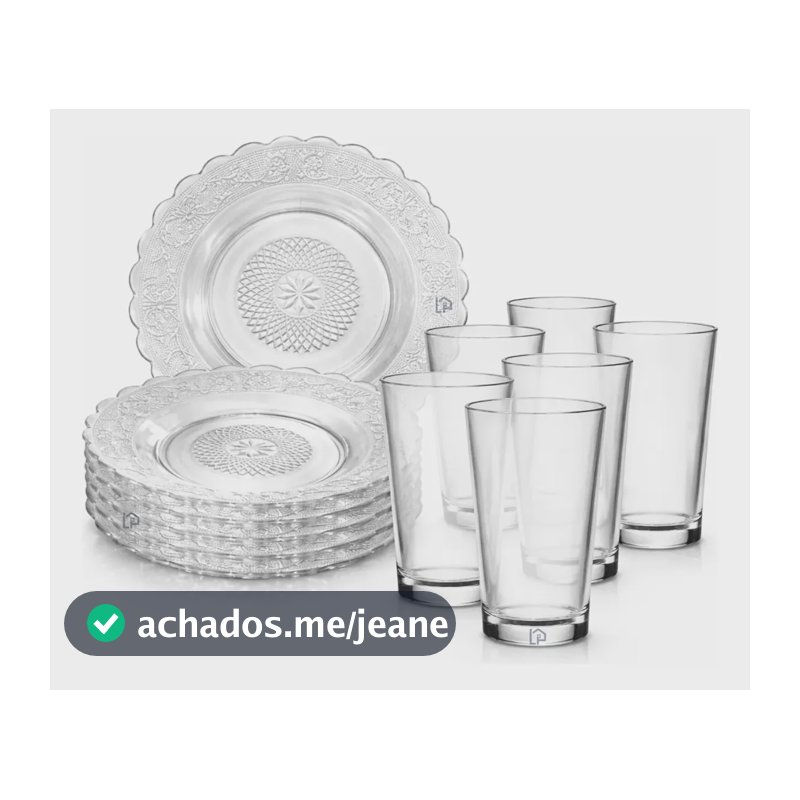 Jogo Jantar 12 Peças Com 6 Pratos Fundo + 6 Copos Vidro Transparente Desenhado