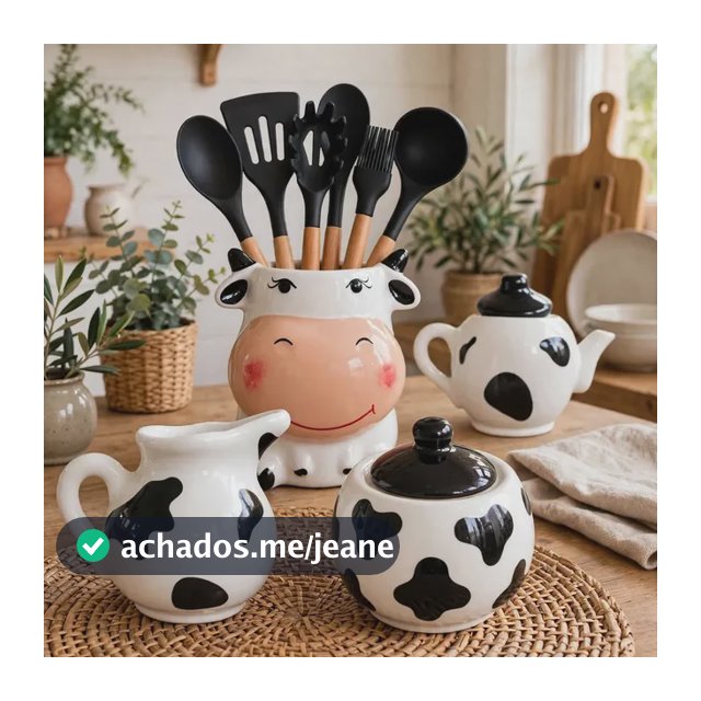 Kit Bule Açucareiro Leiteira + Porta Utensílios Vaquinha Branco