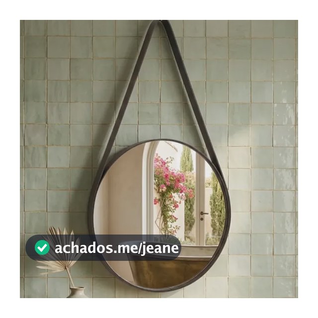 Espelho De Parede Redondo 40x40 Cm Alça Couro Decorativo Preto