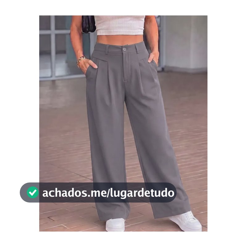 Calça Alfaiataria Feminina Wide Leg Pantalona Cós Alto Moda Cinza Gg