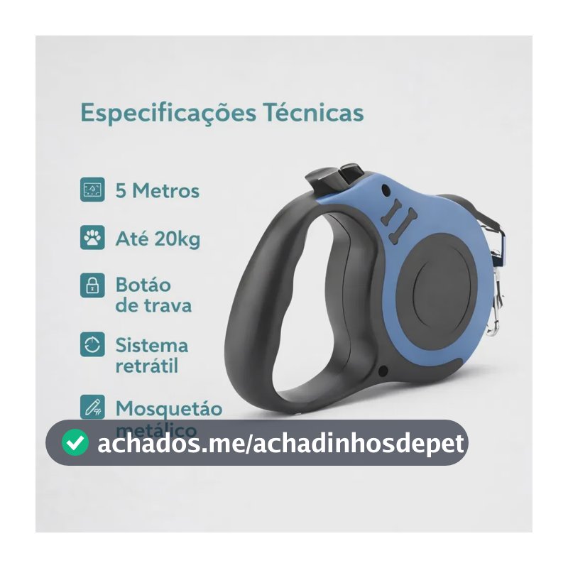 Guia Retrátil para Cães e Gatos de Náilon com Trava de Segurança Reforçada 5 Metros Preto