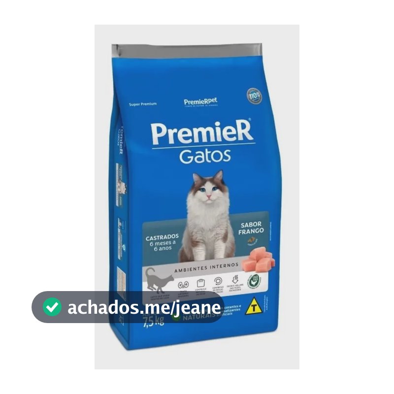 Ração Premier Gatos Castrados 6 Meses A 6 Anos Frango 7,5kg