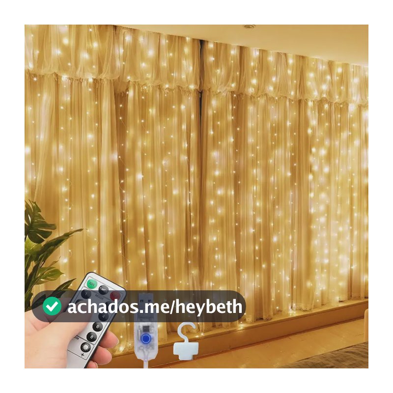 3x3m Cortina 300 Led Pisca Pisca Decoração Natal Duplo Volt Amarelo 127/220v