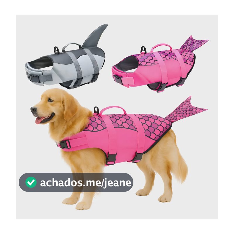 Colete Salva Vidas Pet Cães Rosa Cinza Sereia Tubarão  Rosa Sereia Gg