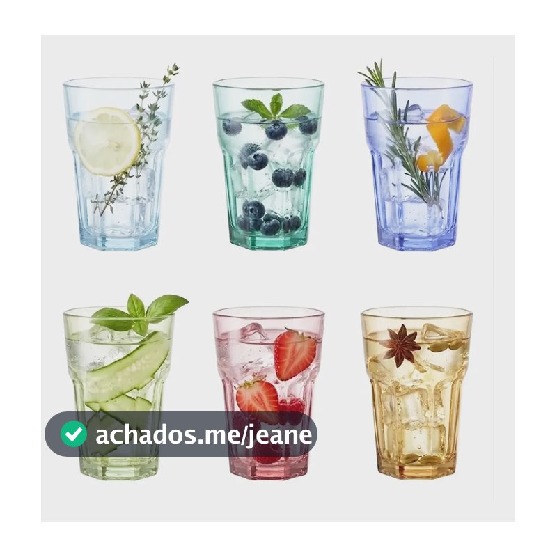 Jogo 6 Copos De Vidro Coloridos 430ml Para Água Suco Drinks Collore