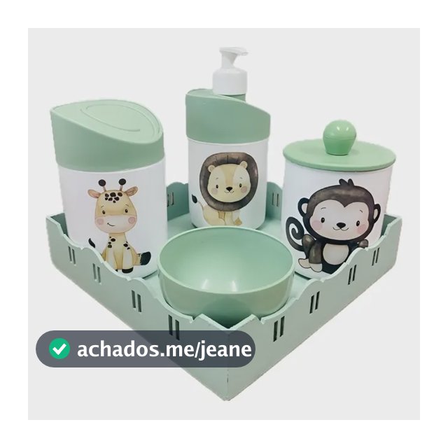 Kit Higiene Leão, Macaco E Girafa C/bandeja Quadrada Verde  Verde-claro