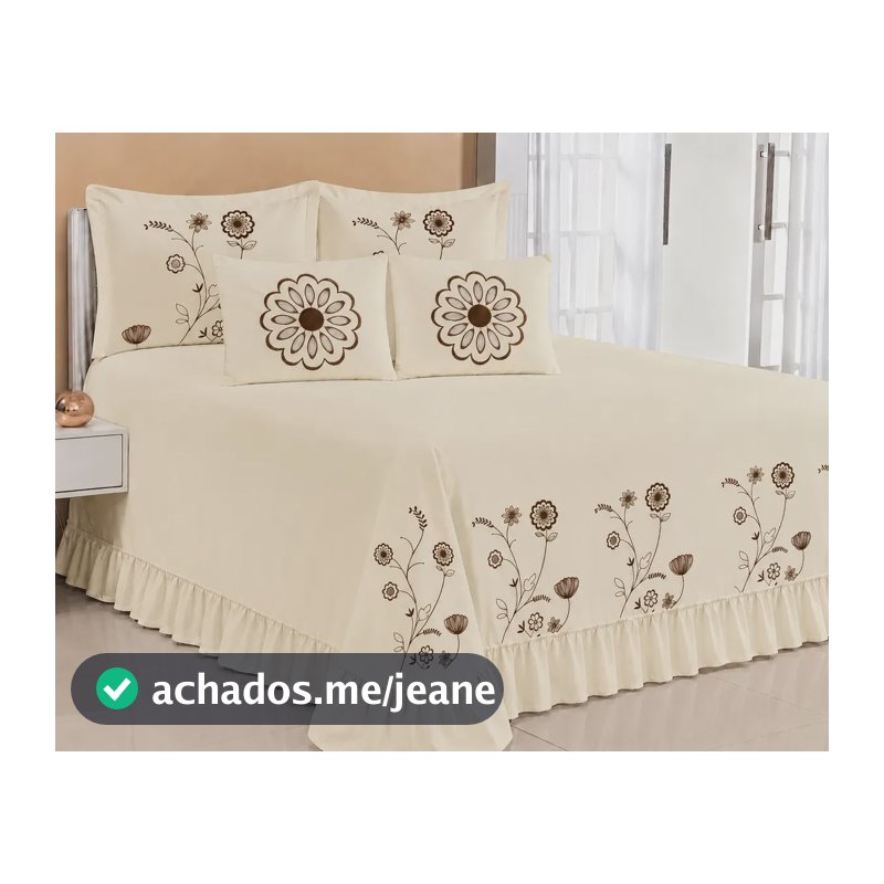 Kit Cobre Leito Casal Queen Encanto 07 Peças Bordado Colcha Palha Com Marrom