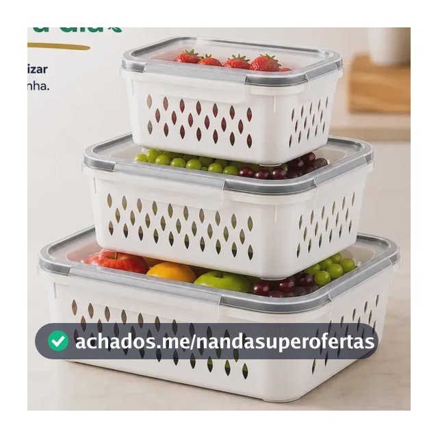 Conjunto Kit 3 Organizadores Geladeira Hermético Escorredor Cesto Alimentos Legumes Verduras Frutas Transparente Com Tampa Trava