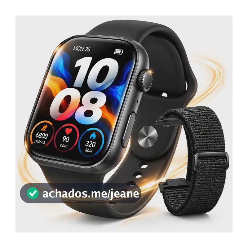 Smartwatch AMOLED 2,04 Chamadas Bluetooth IP68 100+ Modos Esportivos Frequência Cardíaca SpO2 Assistente de Voz Android iOS 2 Pulseiras Preto