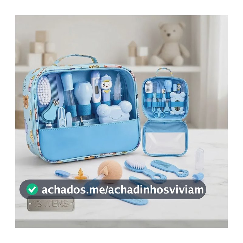 Kit Higiene Bebê Completo Azul Bolsa Maternidade Termômetro Digital Escova Pente Cortador Unha Aspirador Nasal Cuidados Recém Nascido Enxoval Acessórios Higiene Infantil
