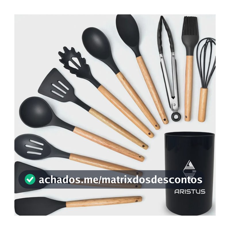 Kit 12 Utensílios De Cozinha Em Silicone Premium Com Cabo De Madeira Marca Aristus Resistentes Ao Calor Até 220°c, Antiaderentes, Duráveis E Modernos Cor Preto